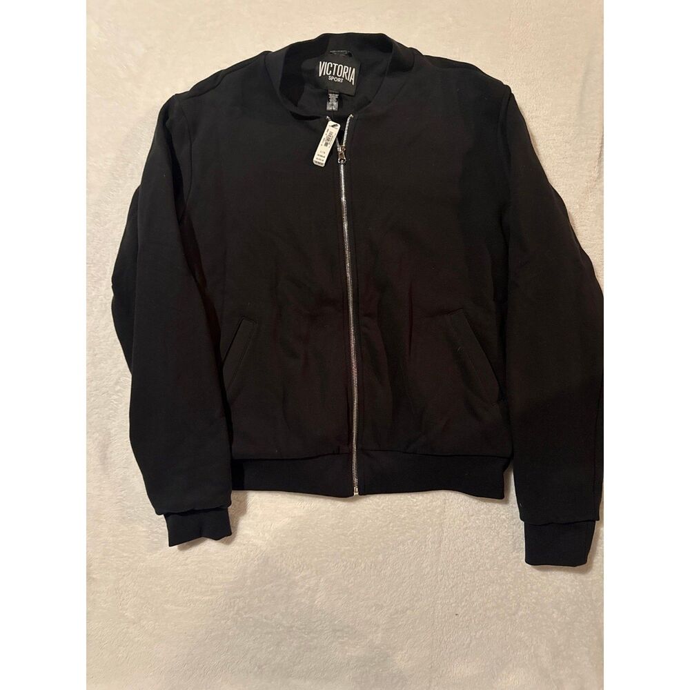 Victoria Sport NWT Black Bomber Jacket Size Large Embroidered Back Logo Full Zip